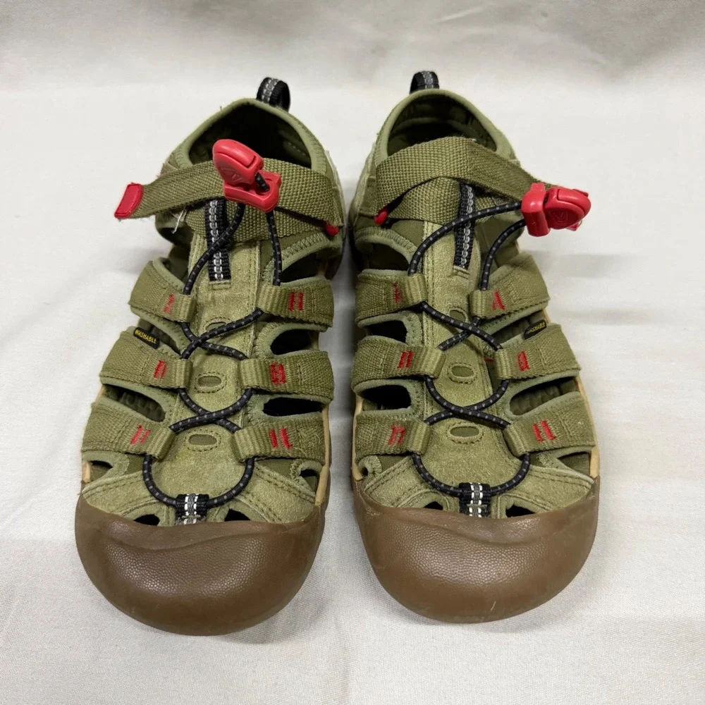 KEEN Kids Newport H2 Olive Green Tan Red Bungee Strap Sandals Water Shoes 4